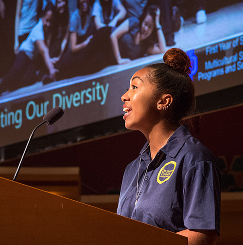 Student speaking at multicultural reception, Welcome Weekend 2016.