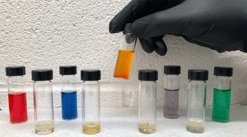 Different colored samples in vials