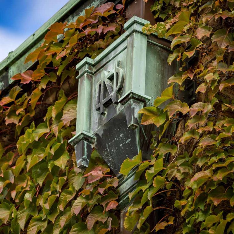 Downspout on the side of Cushing Hall of Engineering