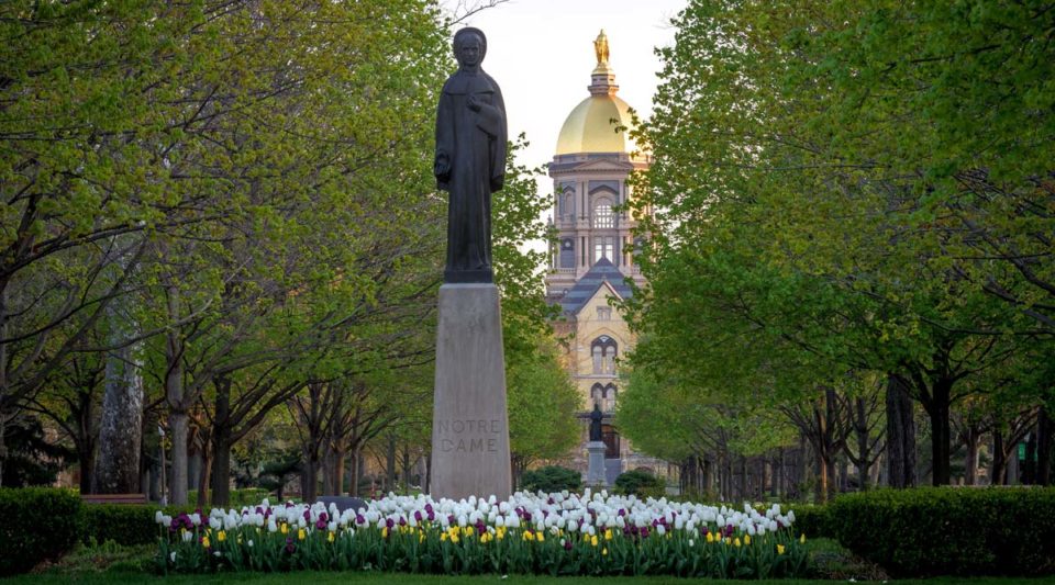 Statue of Our Lady of the University in the main circle. Photo by Matt Cashore/University of Notre Dame.